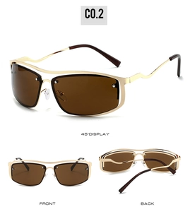Detailed views of gold half-rim Y2K sunglasses with brown lenses and metal frame