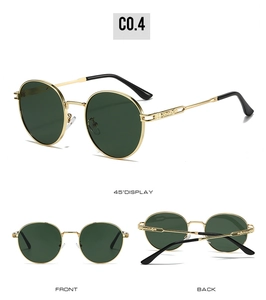 Vues détaillées de lunettes de soleil ovales vintage avec monture en métal doré et verres verts