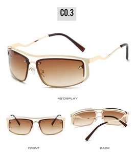 Detailed view of gold wave curved metal temples and gradient lenses on Y2K sunglasses