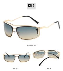 Three-way view of Y2K rimless sunglasses with wavy metal frames and gradient lenses