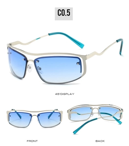 Y2K silver metal half-frame sunglasses with wavy temples and gradient blue lenses