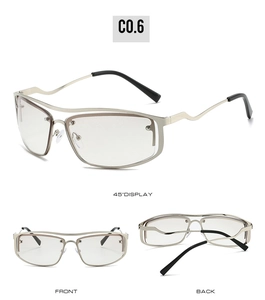 Y2K rimless silver metal sunglasses with wave-shaped temples from three different angles