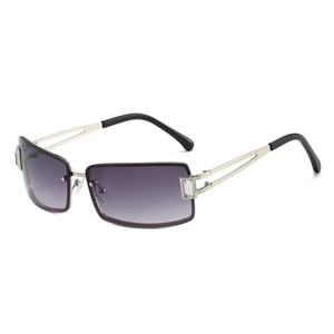 Lunettes de soleil Y2K rectangulaires sans monture avec verres dégradés violets et strass argentés