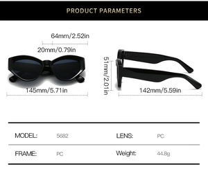 Detailed sizing chart and specifications for cat-eye sunglasses with PC frame and lens