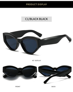 Multi-angle views of retro cat eye sunglasses with thick black frames and dark lenses