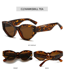 Three views of retro cat-eye sunglasses with tortoiseshell frames and tea-tinted lenses