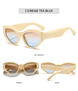 Multiple angles of beige cat-eye sunglasses with blue tea gradient lenses C3