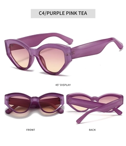 Three-angle view of purple cat eye sunglasses with pink tea gradient lenses in detail
