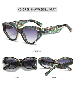 Detail view of green hawksbill cat eye sunglasses with purple gradient lenses from various angles