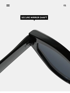 Macro shot of durable black frame hinge and secure metal shaft on cat-eye sunglasses