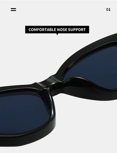 Close-up of comfortable integrated nose support on trendy black thick frame sunglasses