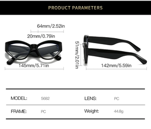 Cat eye blue light glasses frame 5682 with PC material specs and dimensions