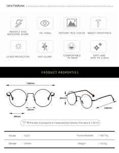 Detailed size chart for retro round metal glasses with blue light blocking lenses