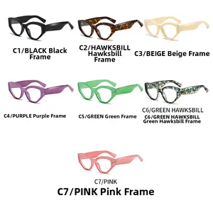 Cat eye glasses frames in seven colors from black to pink displayed on white background