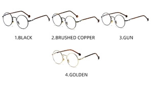 Selection of retro round metal glasses in black, copper, gunmetal, and gold finishes