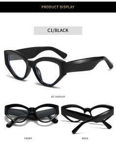 Detailed views of black chunky polygonal cat-eye eyeglass frames from multiple angles