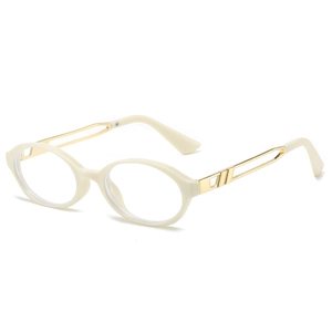 Oval cream blue light blocking glasses with unique gold metal hollow-out temples