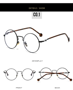 Detailed views of round black metal eyeglass frames with tortoiseshell temple arms