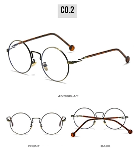 Detailed views of round gold metal eyeglass frames with leopard print temple tips