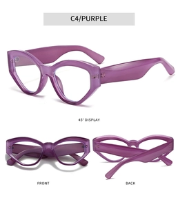 Three-angle views of purple cat-eye blue light blocking glasses with polygonal frames