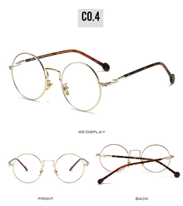 Three-view display of golden metal round glasses frames with tortoise shell temple detail