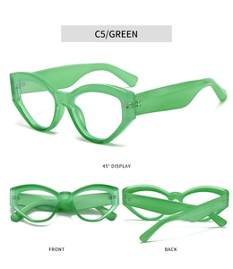 Detailed multi-angle views of green translucent cat eye anti-blue light glasses frames