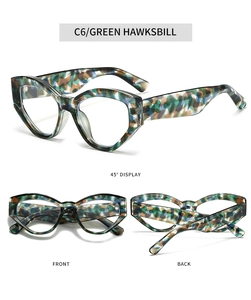 Three-angle view of green hawksbill cat-eye glasses with geometric anti-blue light frame