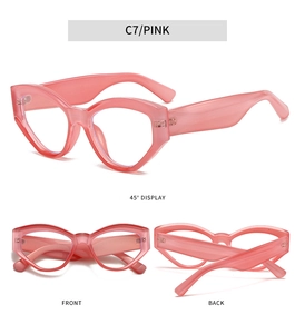 Three-view layout showing front, back, and 45-degree angle of pink cat-eye frame glasses