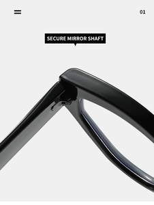 Detail of secure mirror shaft hinge on black cat-eye anti-blue light glasses frame