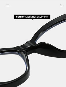 Close-up of the comfortable integrated nose support on black cat-eye glasses frames