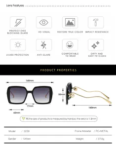 Spécifications détaillées des dimensions pour lunettes de soleil carrées à monture