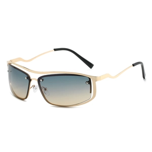 Y2K gold semi-rimless sunglasses with blue-yellow gradient lenses and wavy metal temples