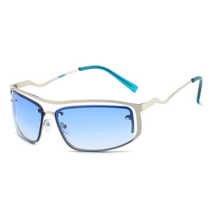 Modern Y2K semi-rimless silver metal sunglasses with blue gradient lenses and wavy arms