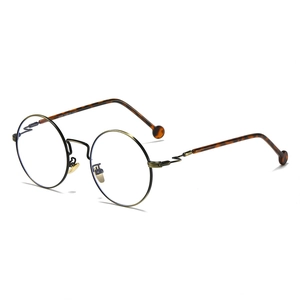 Retro round bronze metal glasses frame with tortoiseshell temples and blue light filter