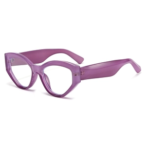 Modern cat-eye geometric glasses in purple transparent frame with anti-blue light lenses