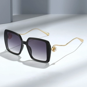Lunettes De Soleil Carrées Surdimensionnées Femmes Monture PC Métal Décor Künstliche Perle Branches Vagues Rétro Mode UV400
