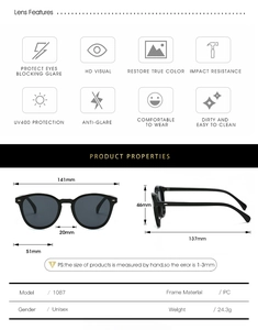 Detailed size chart of oval sunglasses with frame dimensions and UV400 protection features