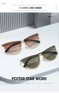 Detailed view of metal cat-eye sunglasses with thin gold frames and gradient lenses