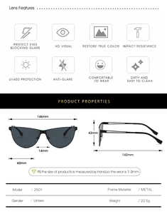 Detailed size chart and technical specifications for cutout cat-eye metal sunglasses