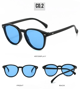 Three-view display of vintage oval sunglasses with blue lenses and silver rivet details