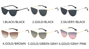 Matrix display of six cat-eye metal sunglasses with various color lenses and thin frames
