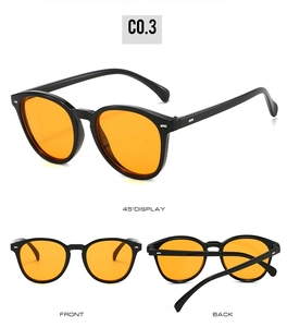 Three-angle view of oval frame sunglasses with orange lenses and metal rivets