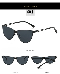 Three views of cat eye sunglasses with metal hollow frames and dark lenses
