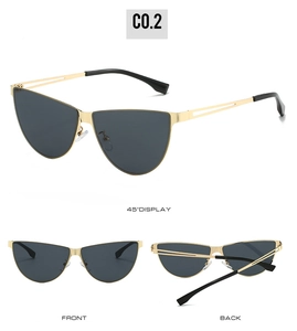 Three-view display of gold cat-eye sunglasses with dark grey lenses and hollow frames