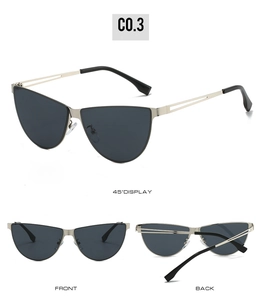 Cat eye sunglasses with hollow metal frame and dark grey lenses for women