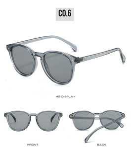Detailed views of vintage oval grey translucent sunglasses with dark tinted lenses
