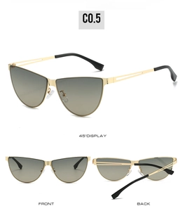 Three perspectives of cat-eye sunglasses with gold hollow metal frames and gradient lenses