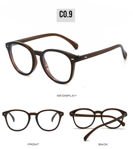 Detailed multi-angle view of retro amber oval frame glasses with silver metal rivets