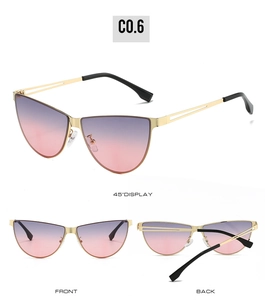 Detailed views of gold cat eye sunglasses with purple gradient lenses and metal frames