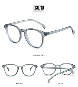 Three perspectives of translucent smoke gray oval frame sunglasses with metal hinges